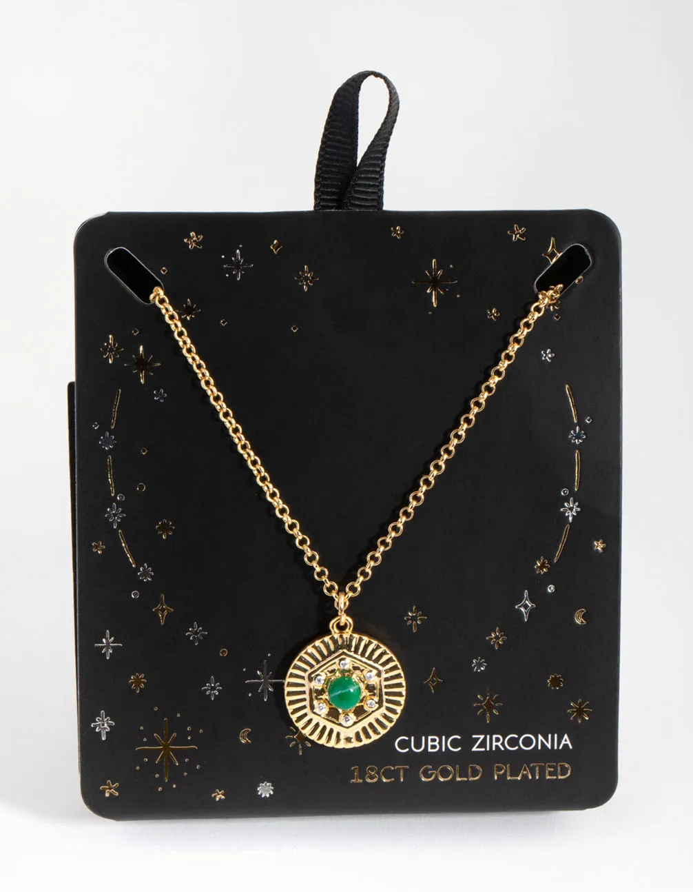 18ct Gold Plated Cubic Zirconia Etched Coin Necklace