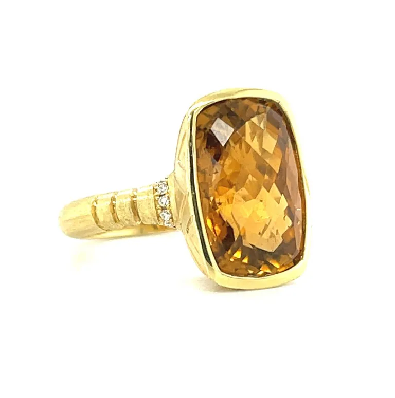 8.24 Carat Cushion-Cut Golden Tourmaline and Diamond Yellow Gold Bezel Ring