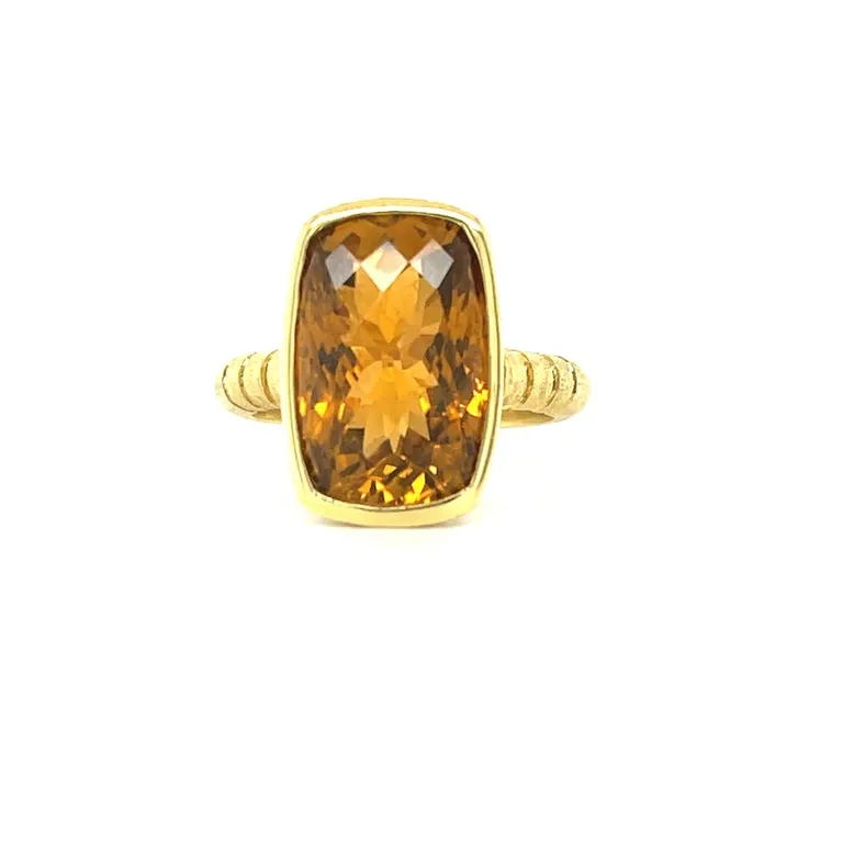 8.24 Carat Cushion-Cut Golden Tourmaline and Diamond Yellow Gold Bezel Ring