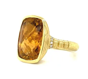 8.24 Carat Cushion-Cut Golden Tourmaline and Diamond Yellow Gold Bezel Ring