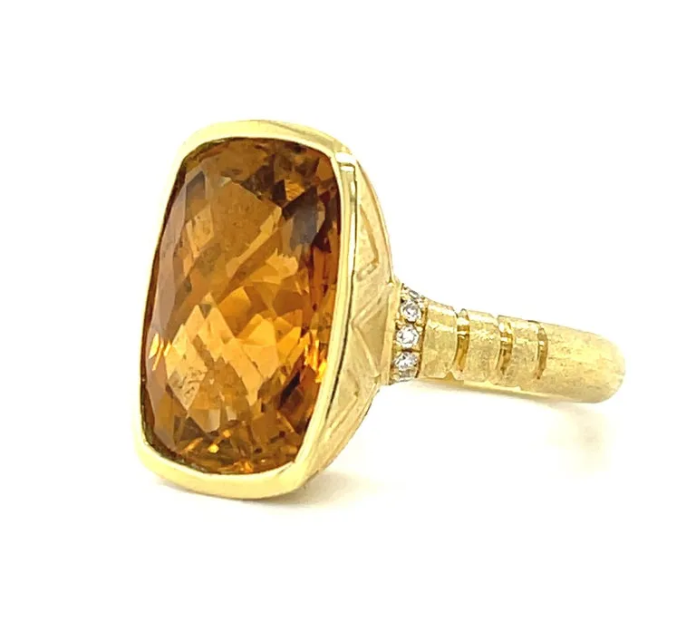 8.24 Carat Cushion-Cut Golden Tourmaline and Diamond Yellow Gold Bezel Ring