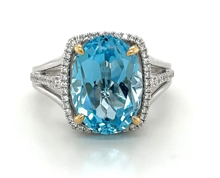 8.59 Carat Blue Topaz and Diamond Halo Cocktail Ring in White and Yellow Gold