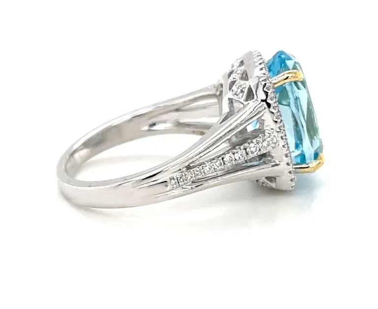 8.59 Carat Blue Topaz and Diamond Halo Cocktail Ring in White and Yellow Gold