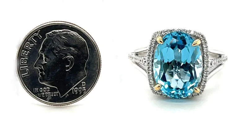 8.59 Carat Blue Topaz and Diamond Halo Cocktail Ring in White and Yellow Gold