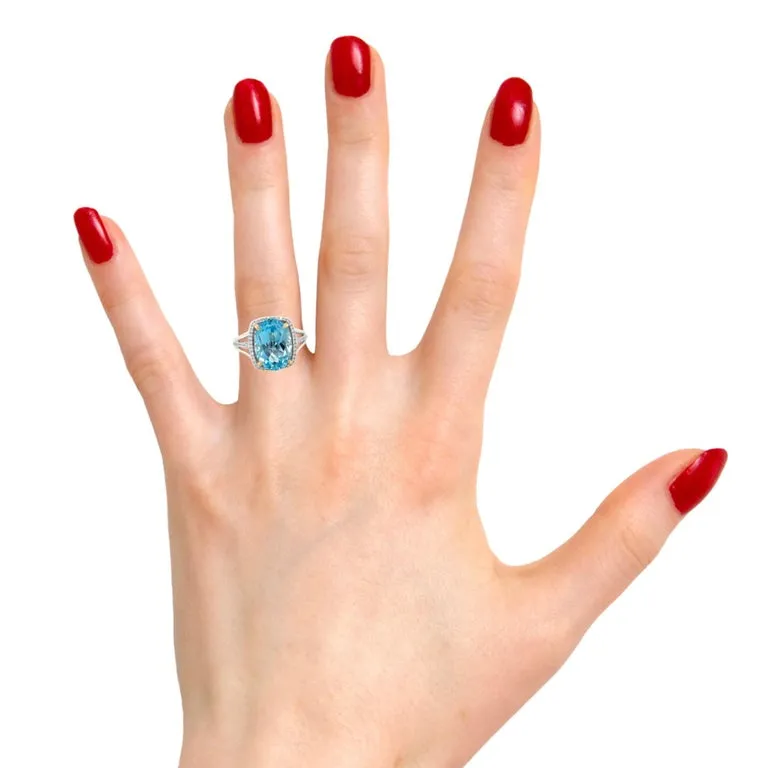 8.59 Carat Blue Topaz and Diamond Halo Cocktail Ring in White and Yellow Gold