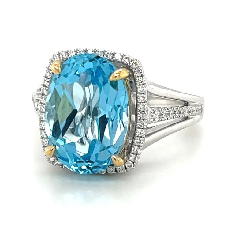 8.59 Carat Blue Topaz and Diamond Halo Cocktail Ring in White and Yellow Gold
