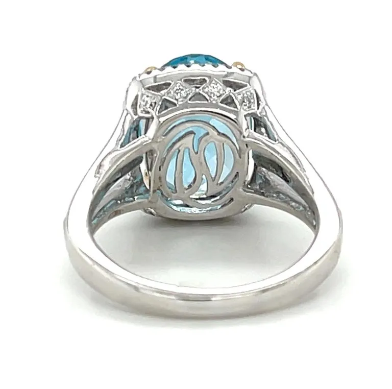 8.59 Carat Blue Topaz and Diamond Halo Cocktail Ring in White and Yellow Gold