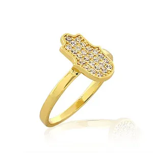925 Sterling Silver Yellow Gold-Tone White CZ Hamsa Hand Good Luck Ring Band