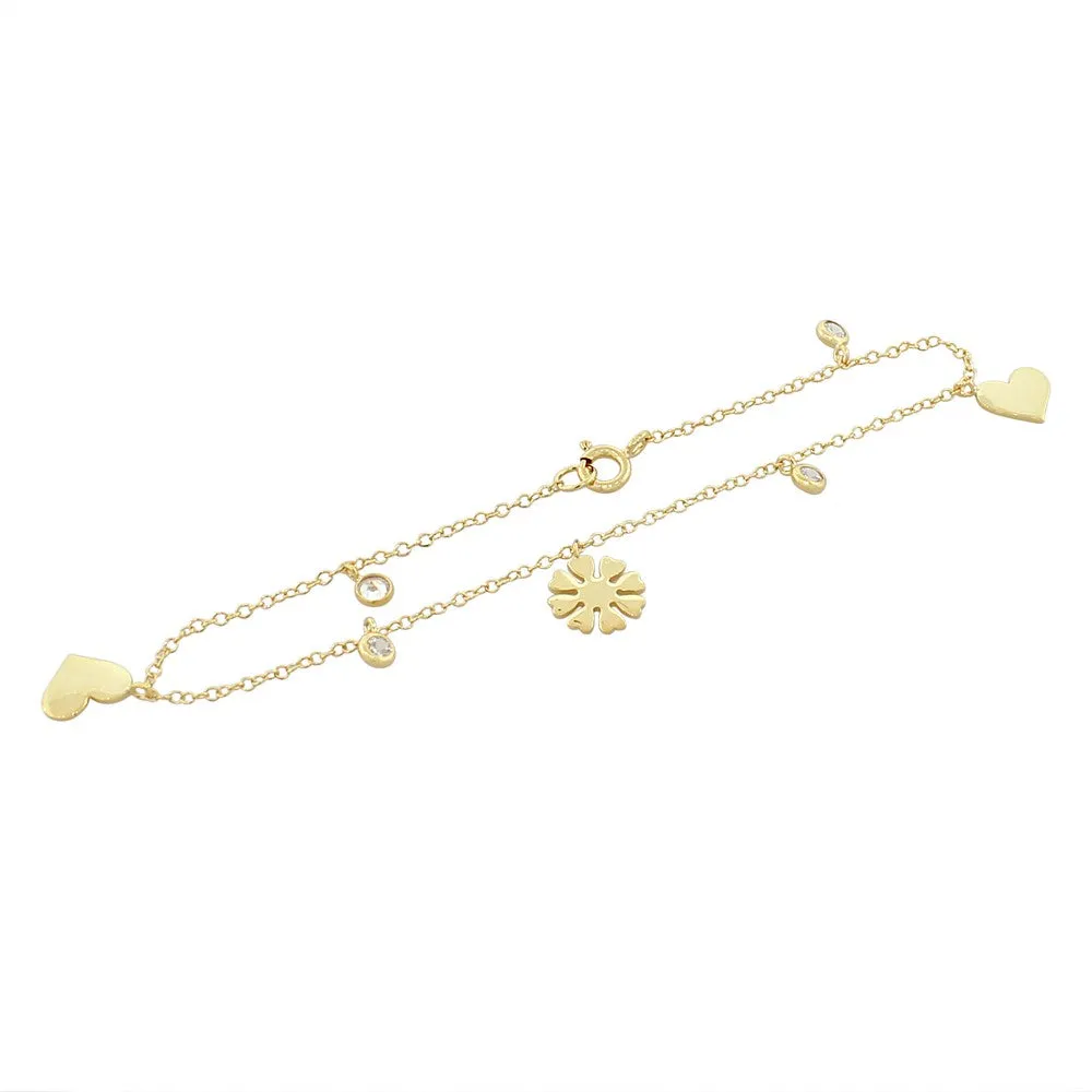 925 Sterling Silver Yellow Gold-Tone White CZ Love Heart Flower Womens Girls Link Chain Bracelet