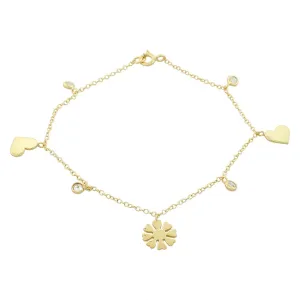 925 Sterling Silver Yellow Gold-Tone White CZ Love Heart Flower Womens Girls Link Chain Bracelet