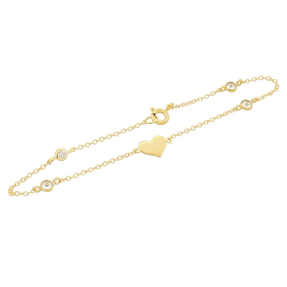 925 Sterling Silver Yellow Gold-Tone White CZ Love Heart Womens Girls Link Chain Bracelet