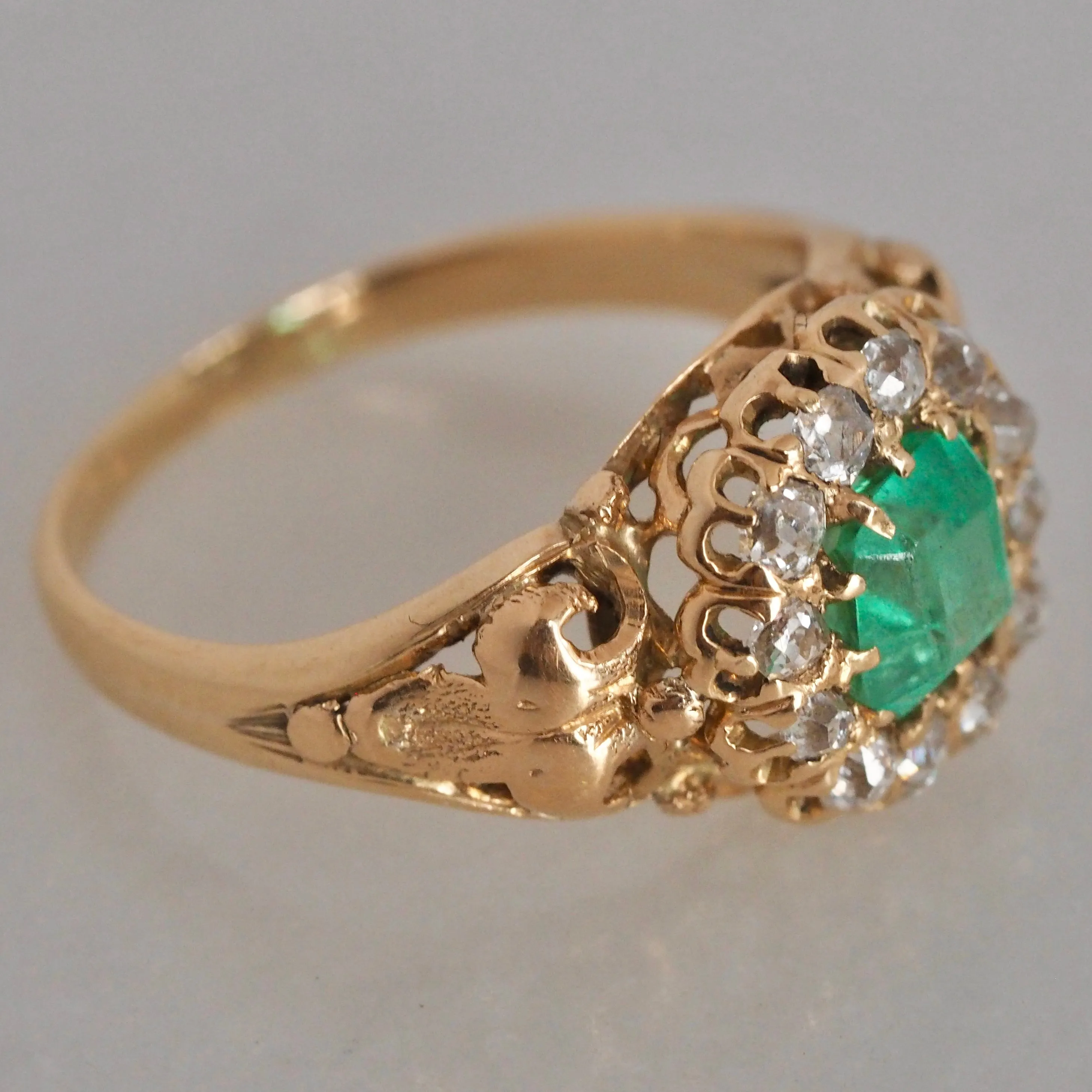 Antique Victorian 14k Gold Emerald and Old Mine Cut Diamond Halo Ring