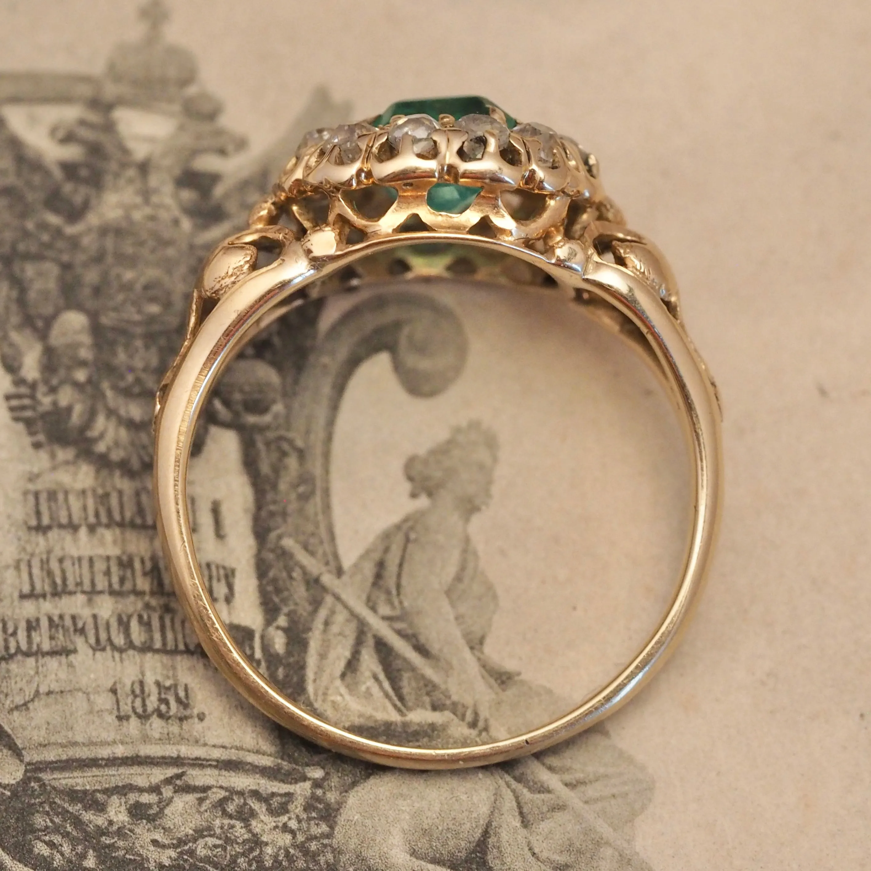 Antique Victorian 14k Gold Emerald and Old Mine Cut Diamond Halo Ring