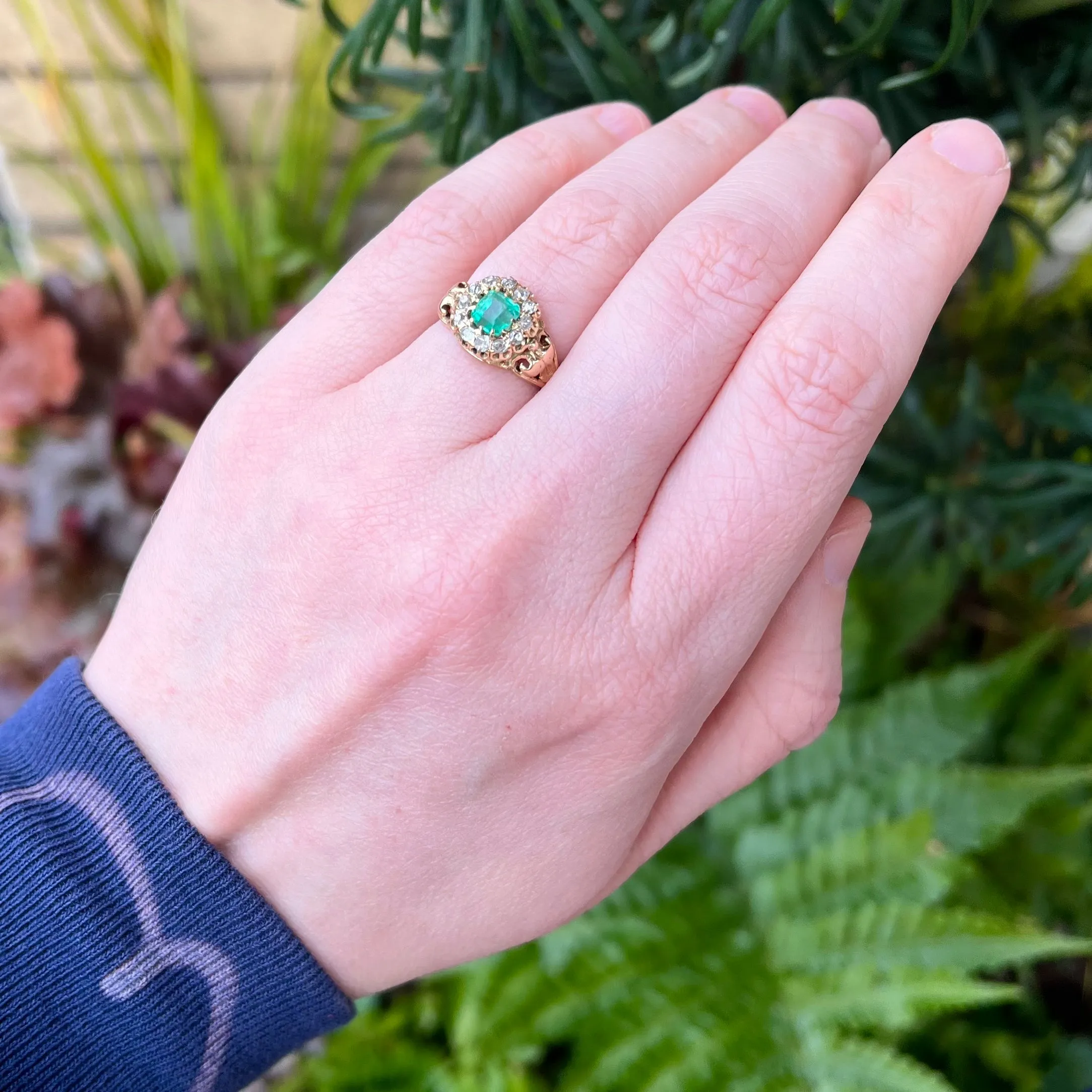 Antique Victorian 14k Gold Emerald and Old Mine Cut Diamond Halo Ring