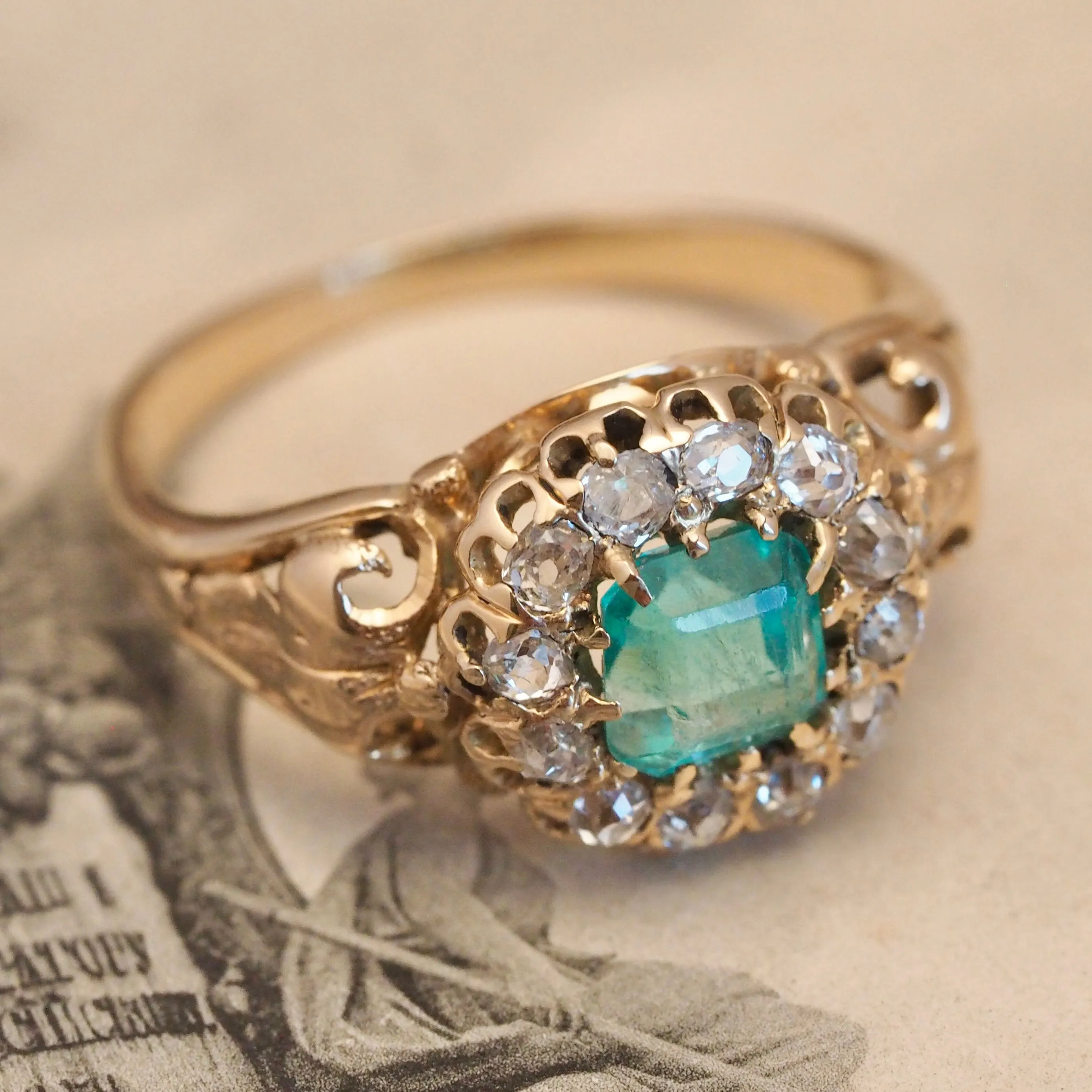 Antique Victorian 14k Gold Emerald and Old Mine Cut Diamond Halo Ring