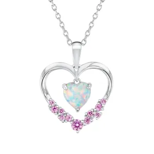 Created Opal and Created Pink Sapphire Heart Pendant Necklace