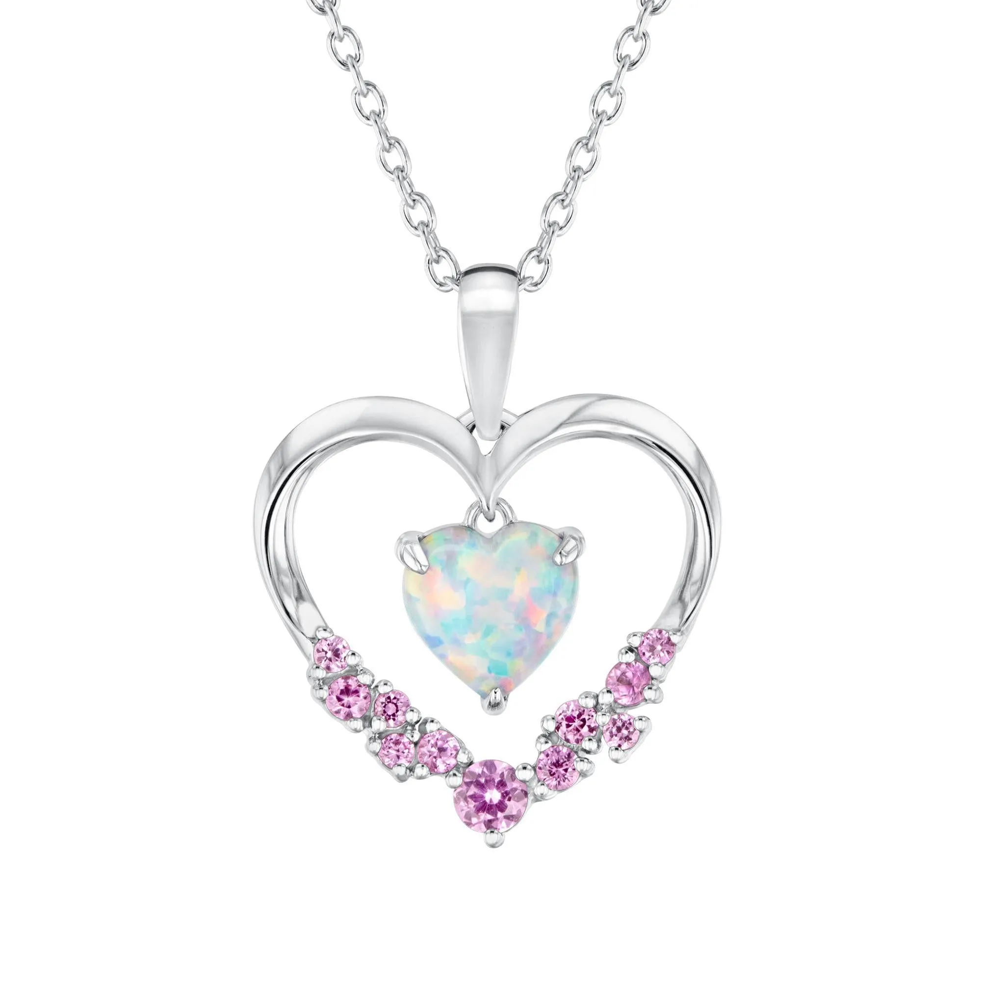 Created Opal and Created Pink Sapphire Heart Pendant Necklace