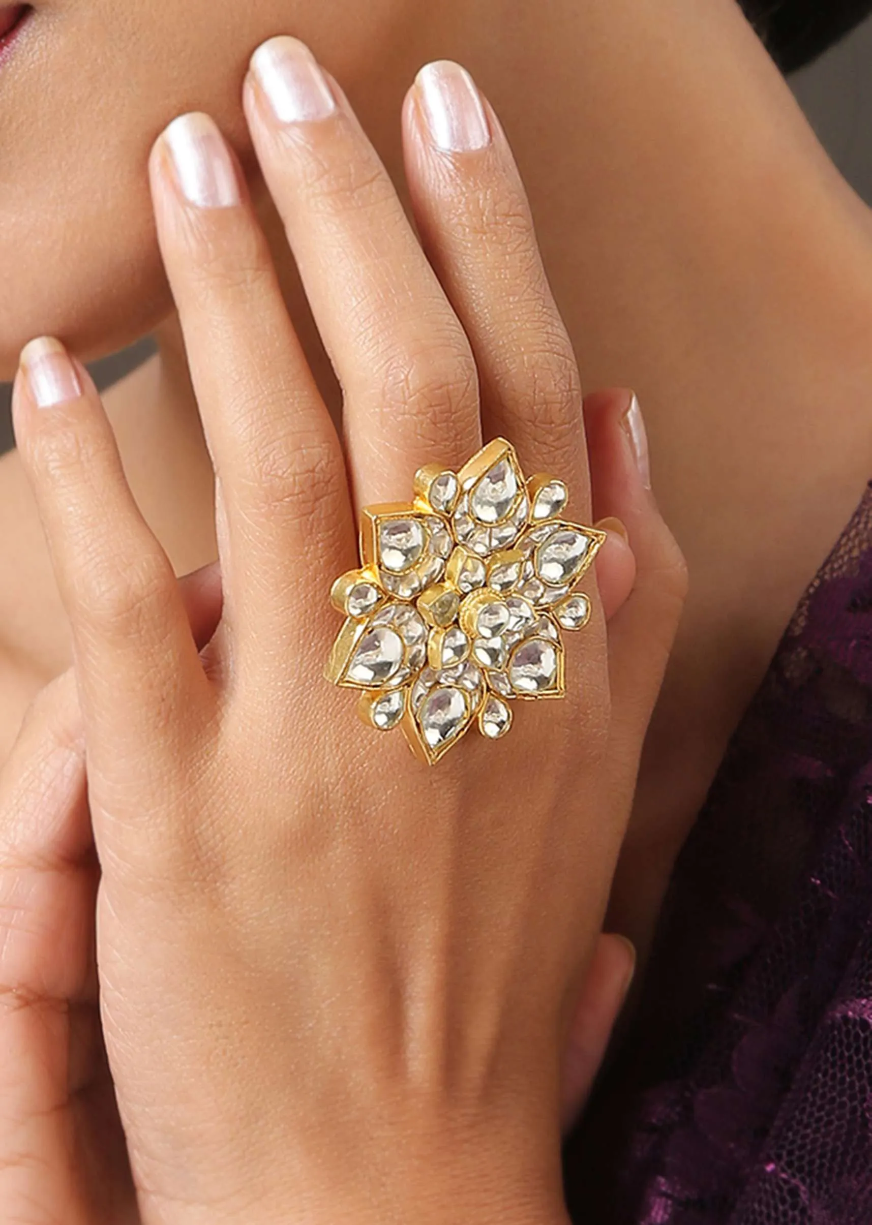 Gold Plated Floral Polki Ring