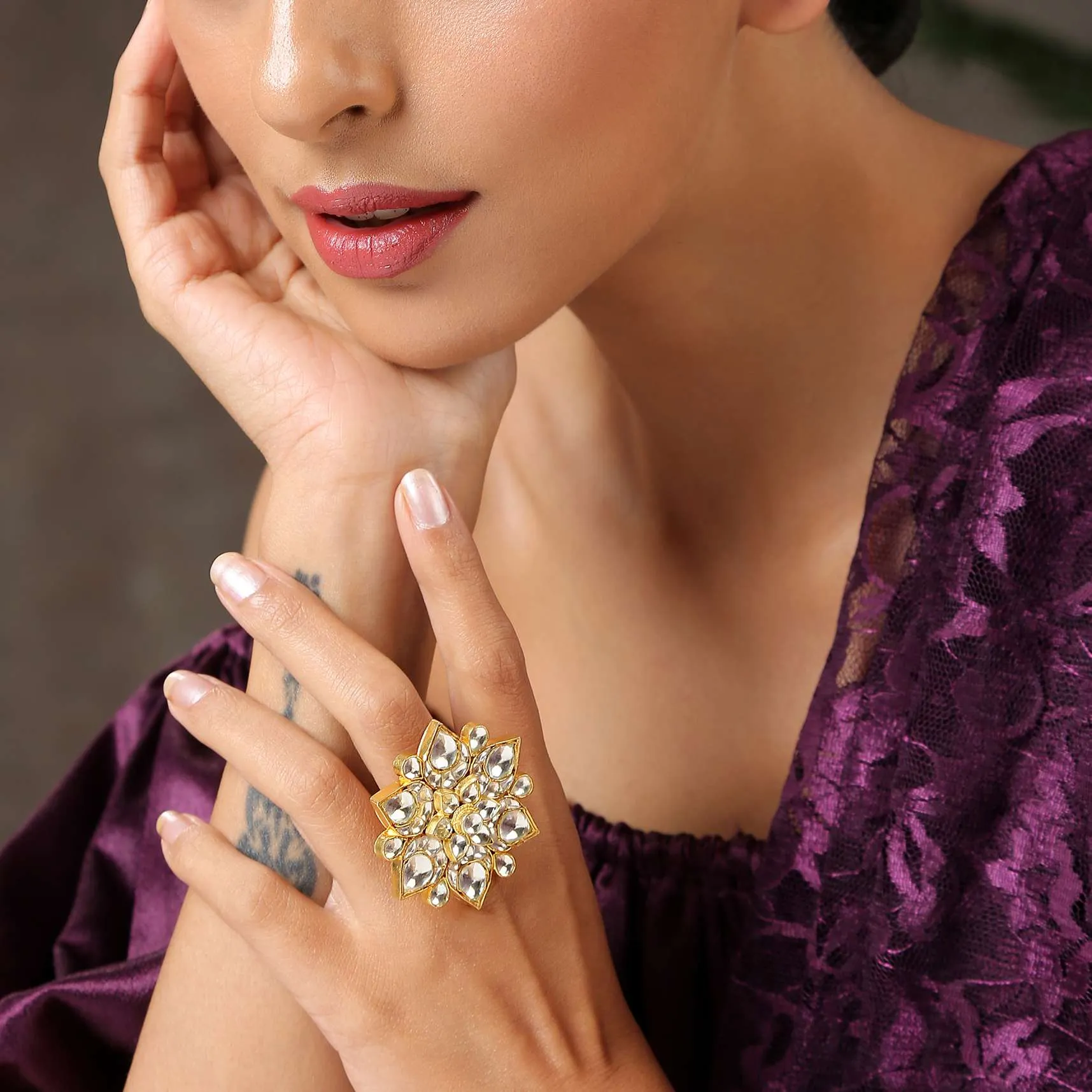 Gold Plated Floral Polki Ring