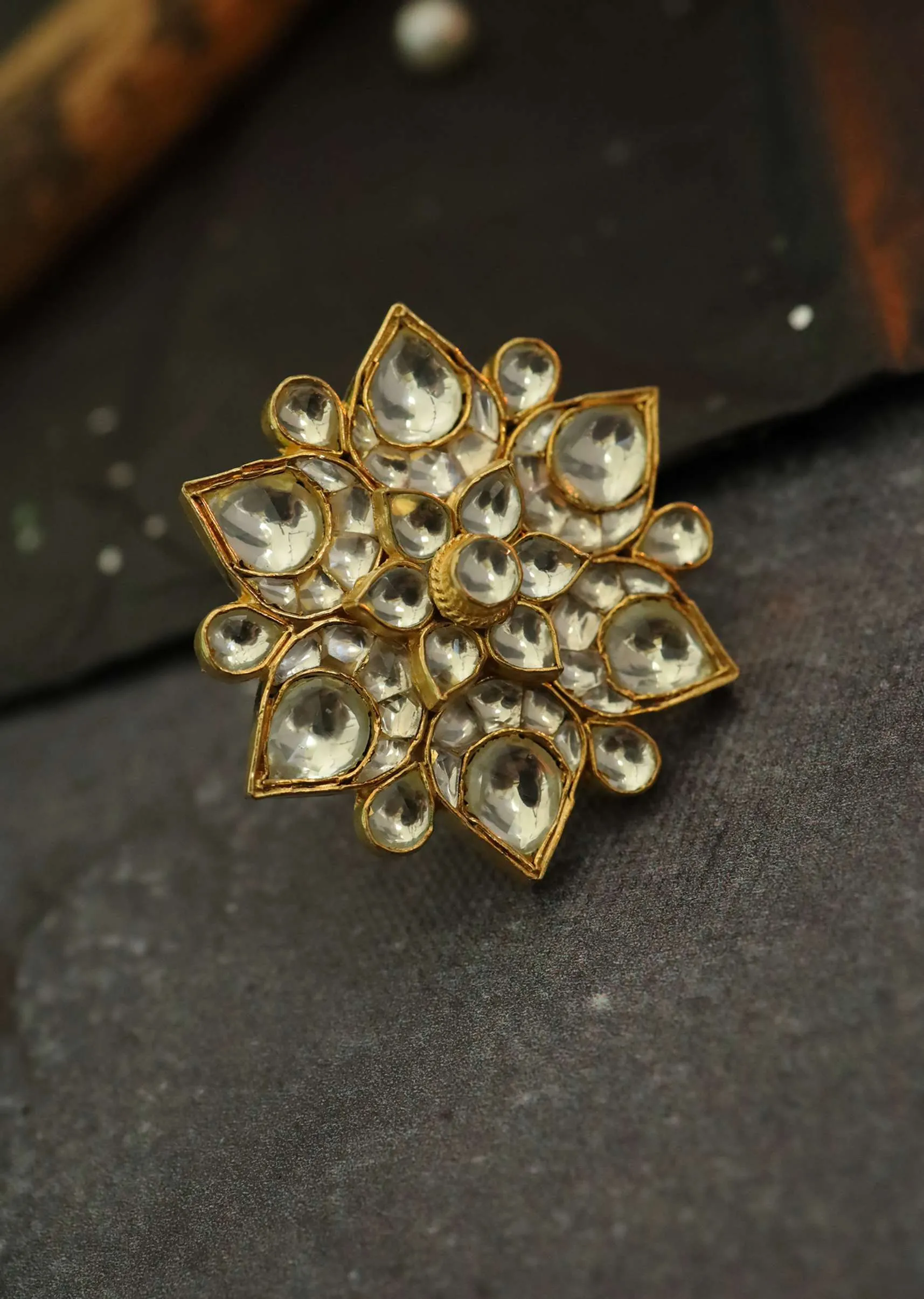 Gold Plated Floral Polki Ring