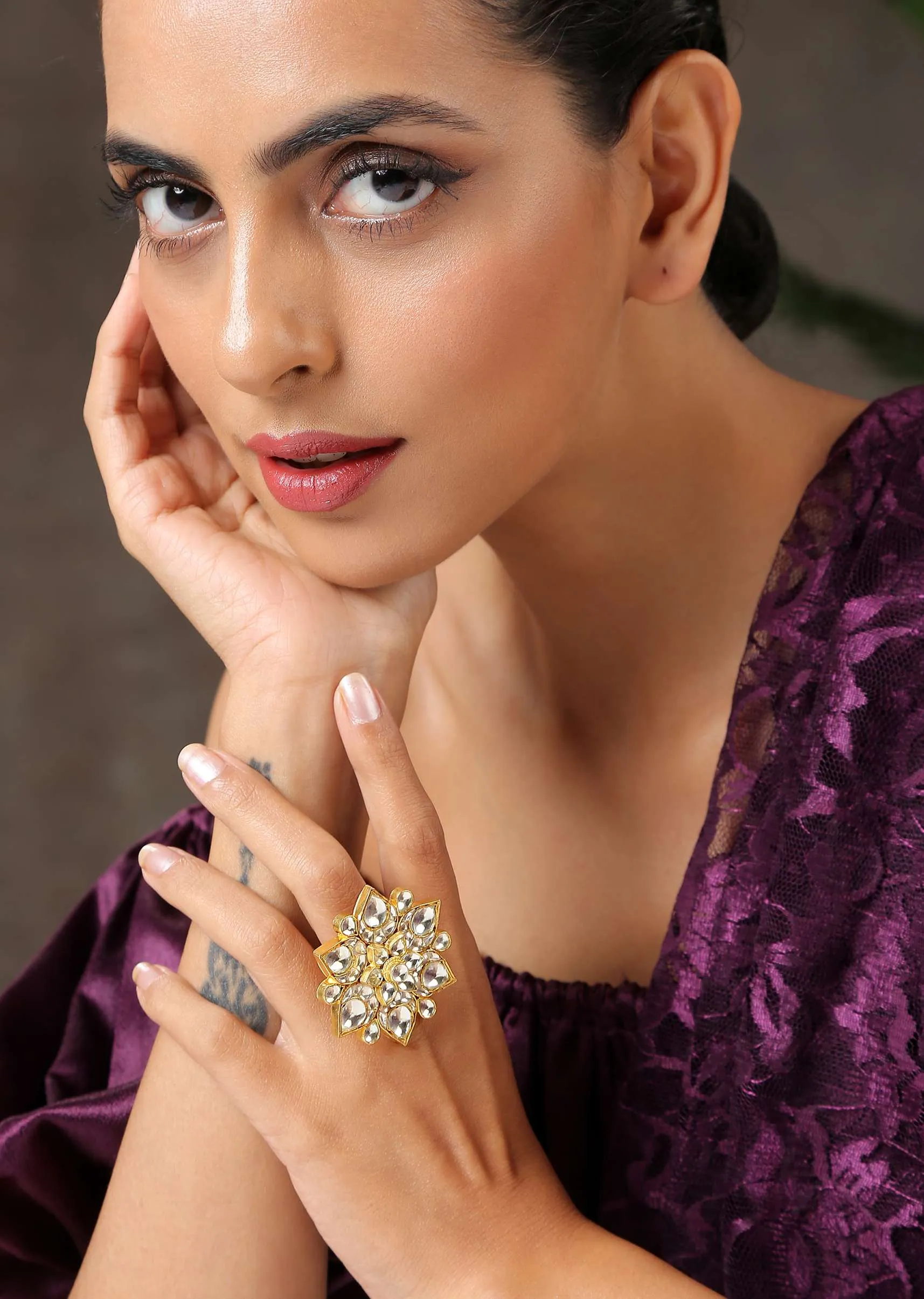 Gold Plated Floral Polki Ring