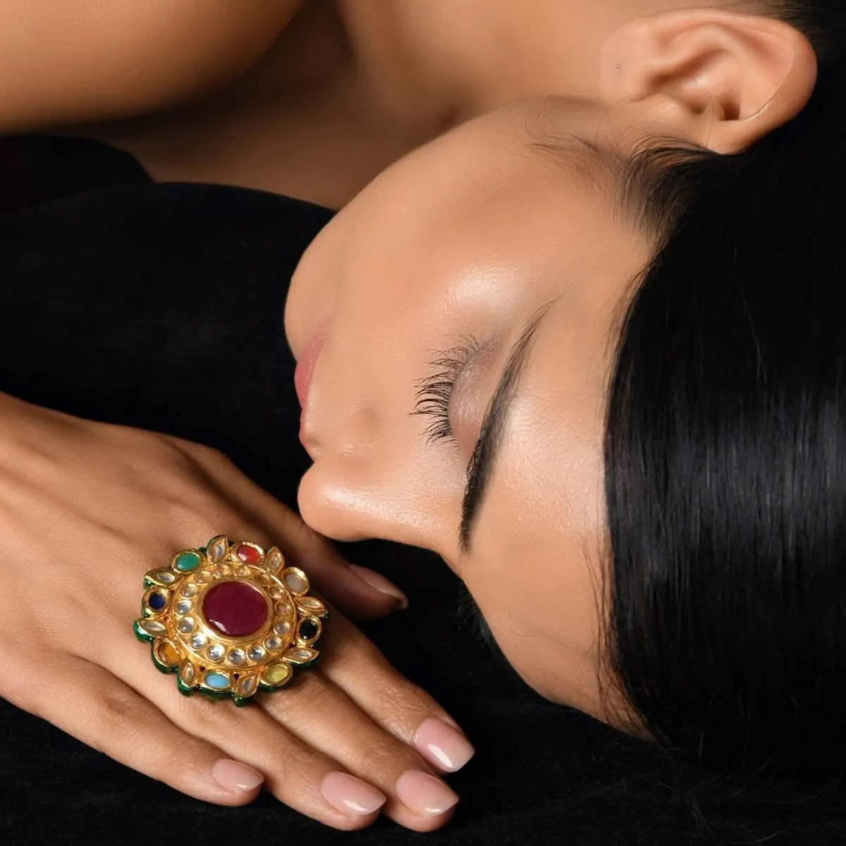 Gold Plated Navrattan Oversized Ring With Polki And Multi Colored Stone Work By Paisley Pop