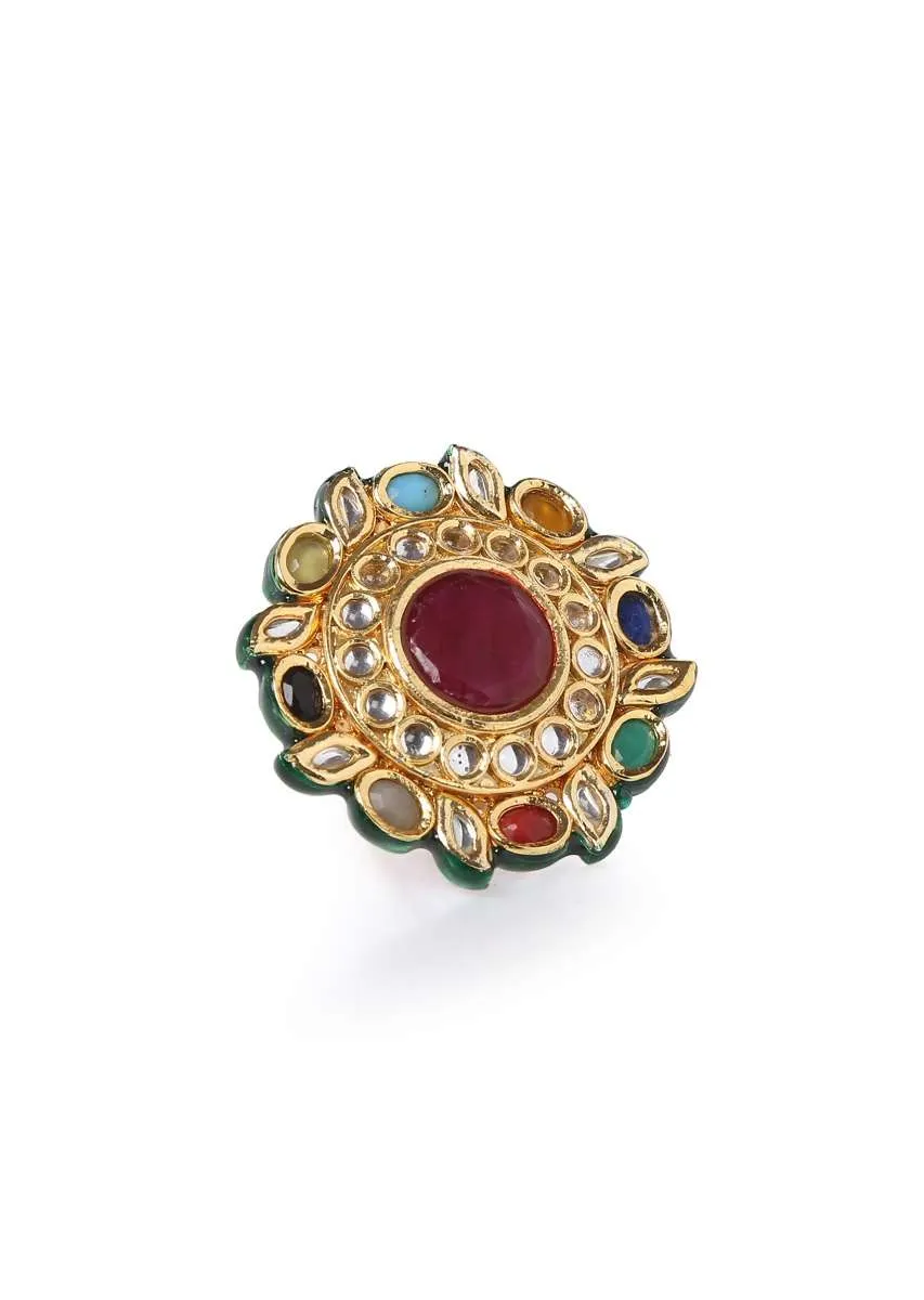 Gold Plated Navrattan Oversized Ring With Polki And Multi Colored Stone Work By Paisley Pop
