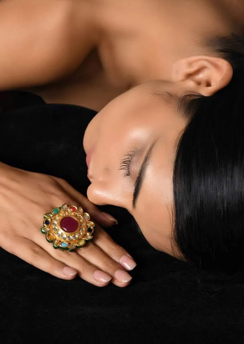 Gold Plated Navrattan Oversized Ring With Polki And Multi Colored Stone Work By Paisley Pop
