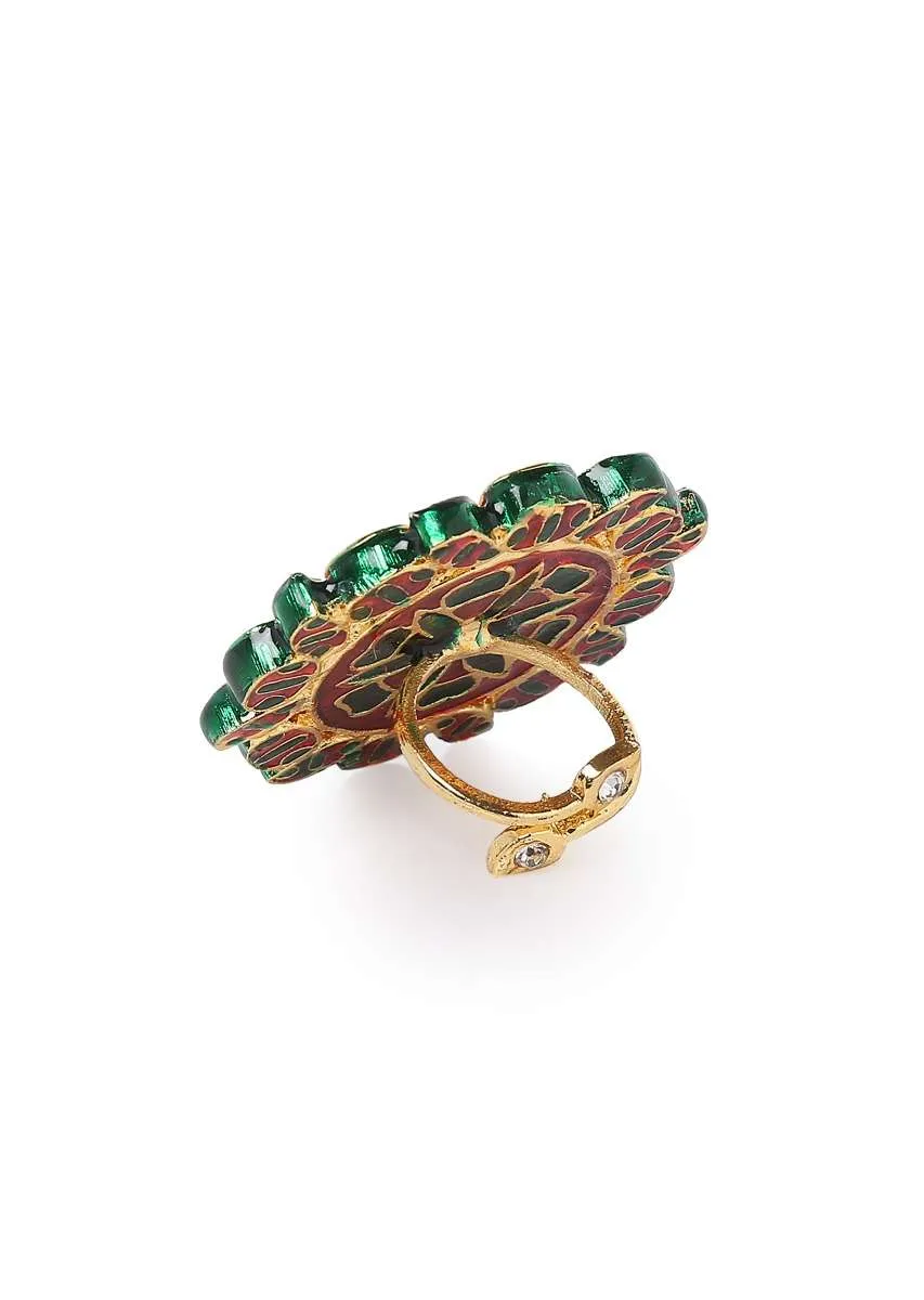 Gold Plated Navrattan Oversized Ring With Polki And Multi Colored Stone Work By Paisley Pop