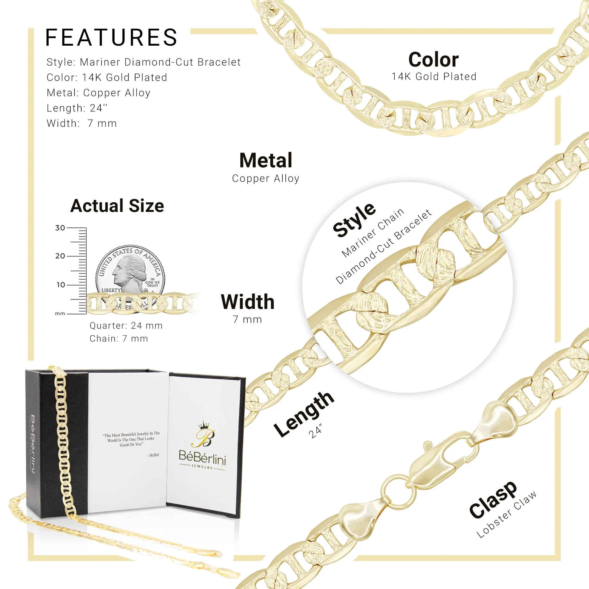 Mariner Diamond-Cut Chain 14K Gold Filled Bracelet 8.5" Set Lobster Claw Clasp Jewelry Gift for Men 7 mm