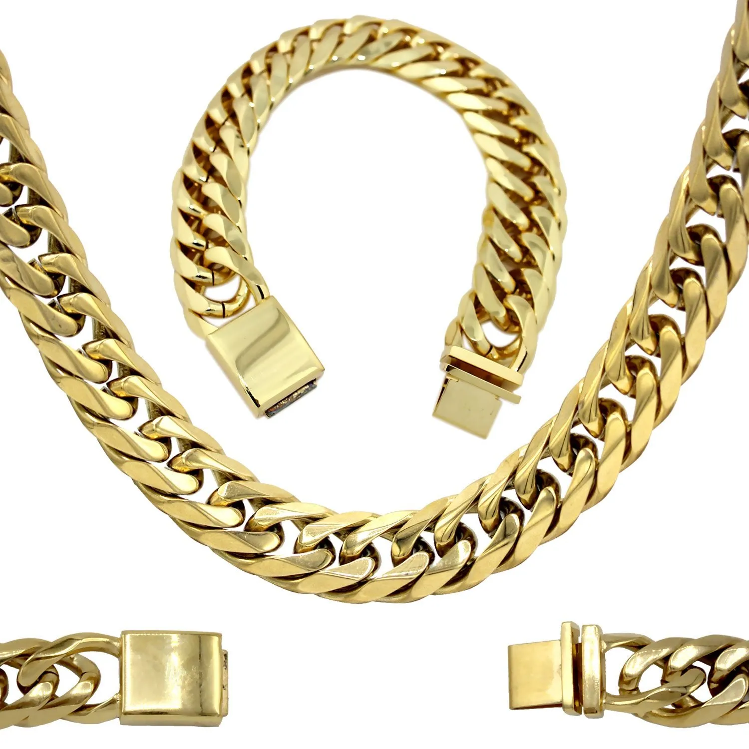 Miami Cuban Link 18K Gold Plated Necklace Bracelet Set 12mm
