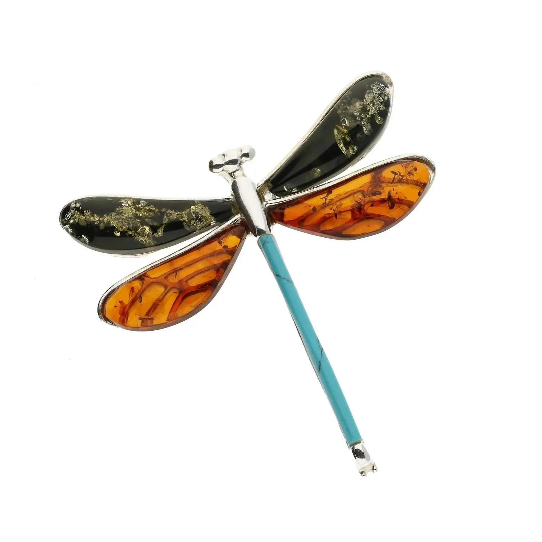 MILENA Brooch Silver Baltic Amber and Turquoise Dragonfly