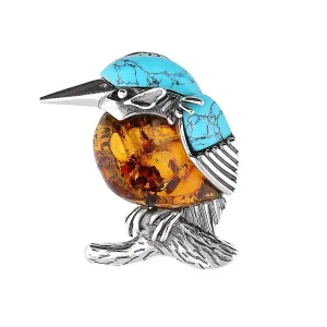MILENA Brooch Silver Baltic Amber and Turquoise Kingfisher