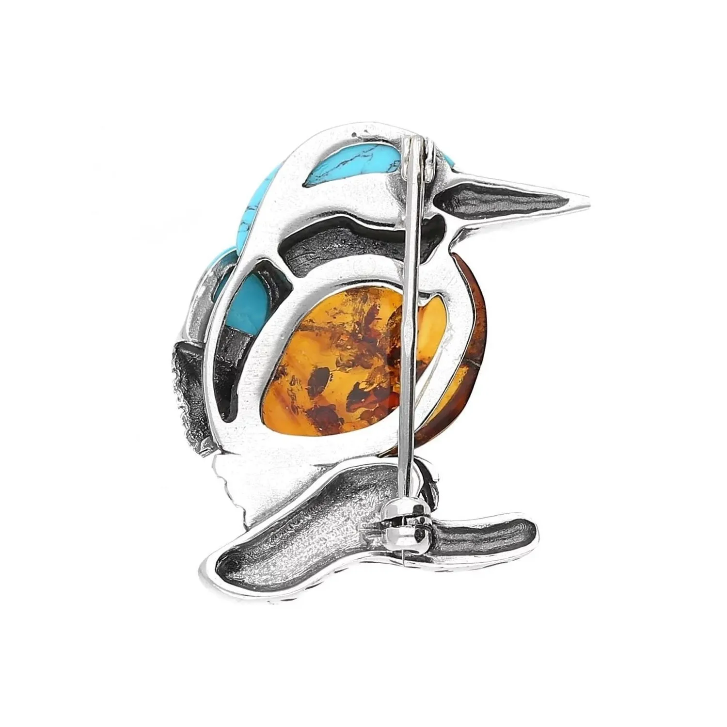 MILENA Brooch Silver Baltic Amber and Turquoise Kingfisher