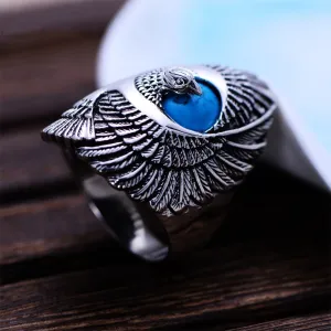 Punk Rock 925 Sterling Silver Ring with Natural Turquoise Hand Carved Eagle Wings Ring
