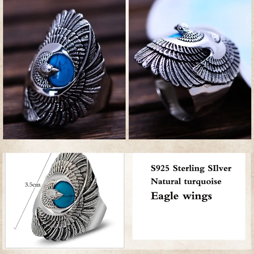 Punk Rock 925 Sterling Silver Ring with Natural Turquoise Hand Carved Eagle Wings Ring