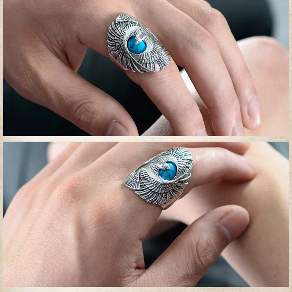 Punk Rock 925 Sterling Silver Ring with Natural Turquoise Hand Carved Eagle Wings Ring