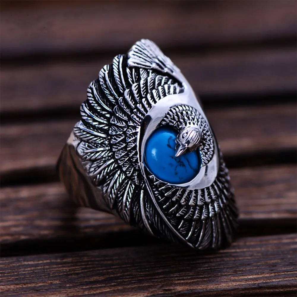 Punk Rock 925 Sterling Silver Ring with Natural Turquoise Hand Carved Eagle Wings Ring