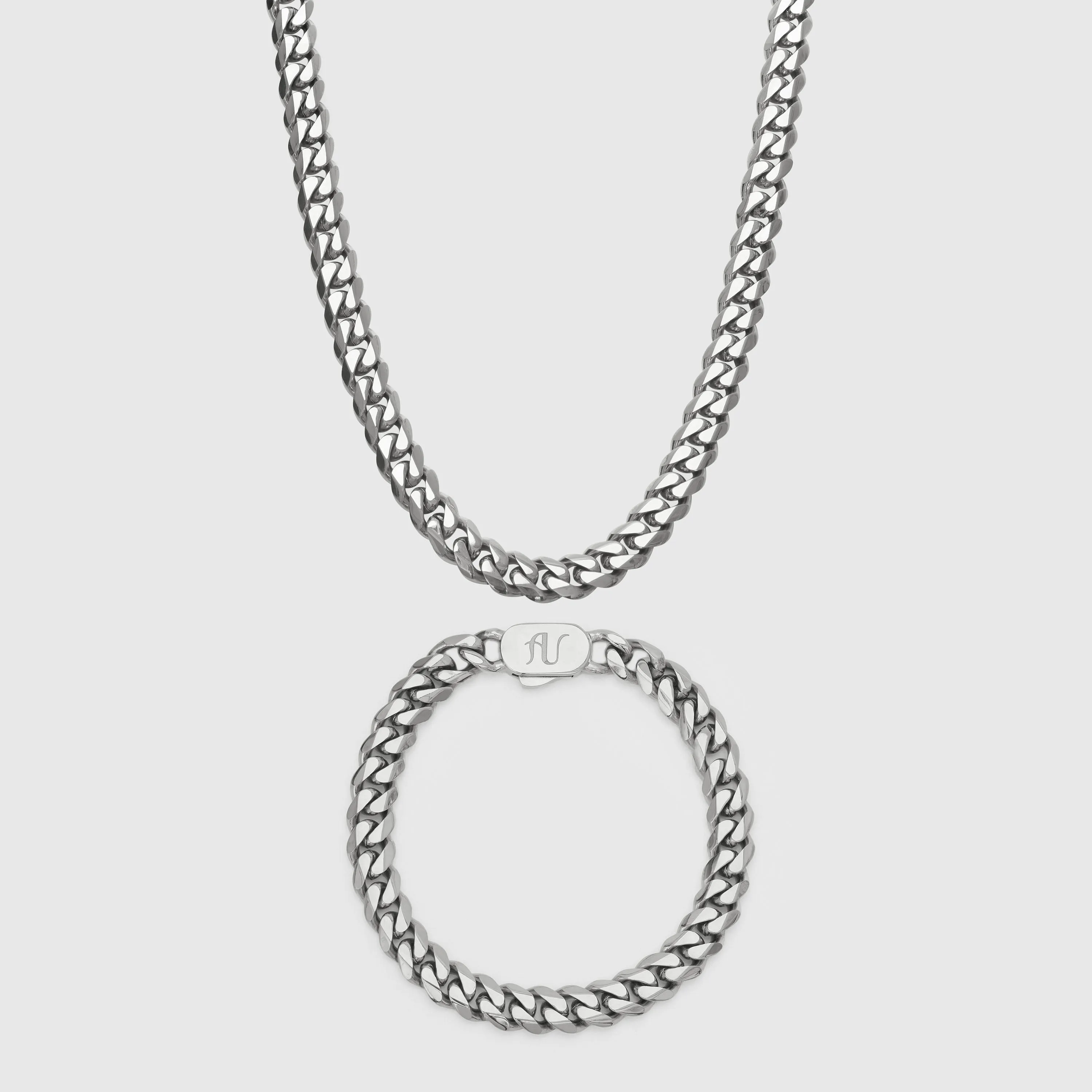 Silver Cuban Link Chain and Bracelet Set - 8 mm