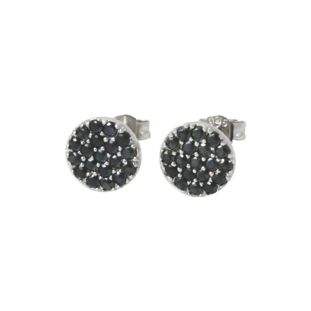 Sterling Silver Round Disc Black Stone Earring Studs