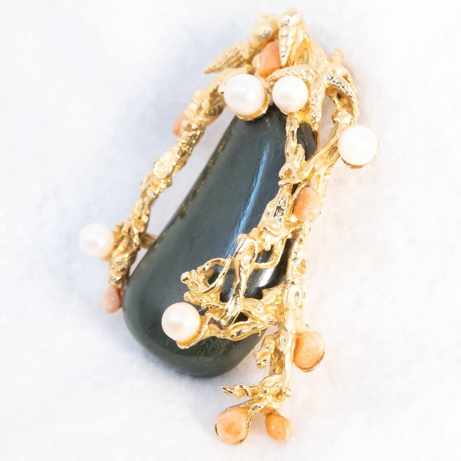 Swoboda Jade, Coral and Pearl Brooch