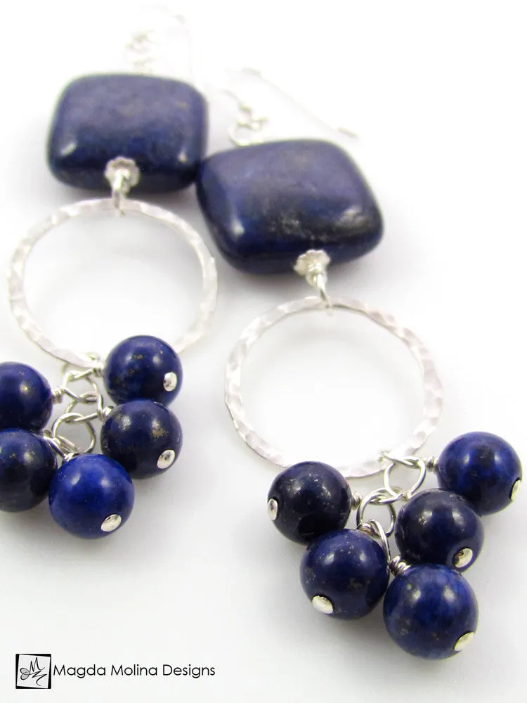 The "Bunches of Grapes" Lapis Lazuli And Hammered Silver Earrings