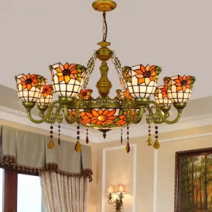 Vintage Stained Glass Chandelier with Sunflower Pattern - 9 Lights, Multicolored, Inverted Design, Decorative Hanging Light
