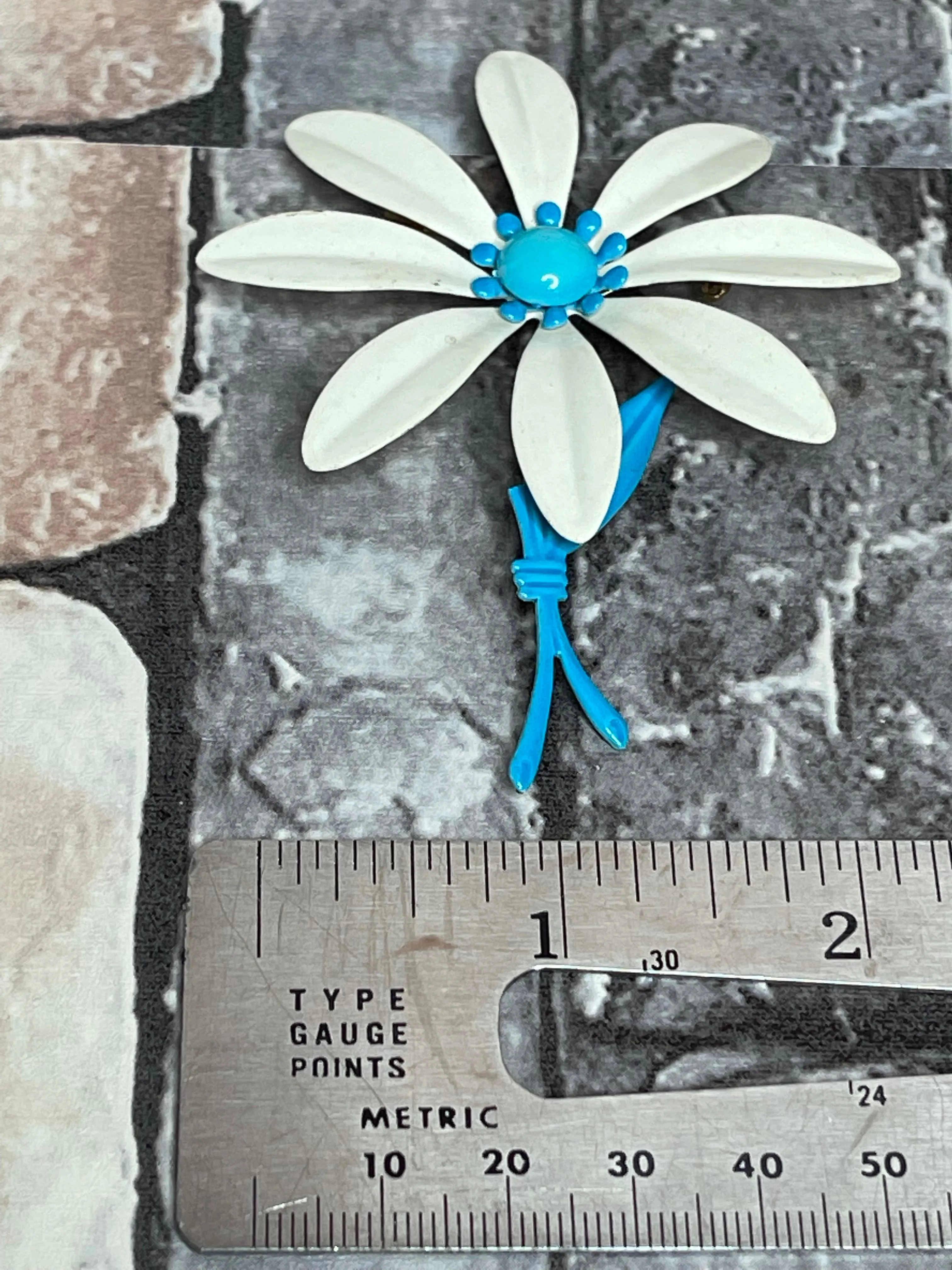 White Blue Enamel Flower Pin Vintage Floral Jewelry