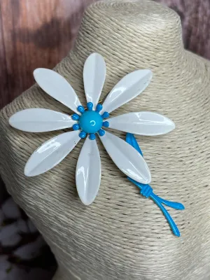 White Blue Enamel Flower Pin Vintage Floral Jewelry
