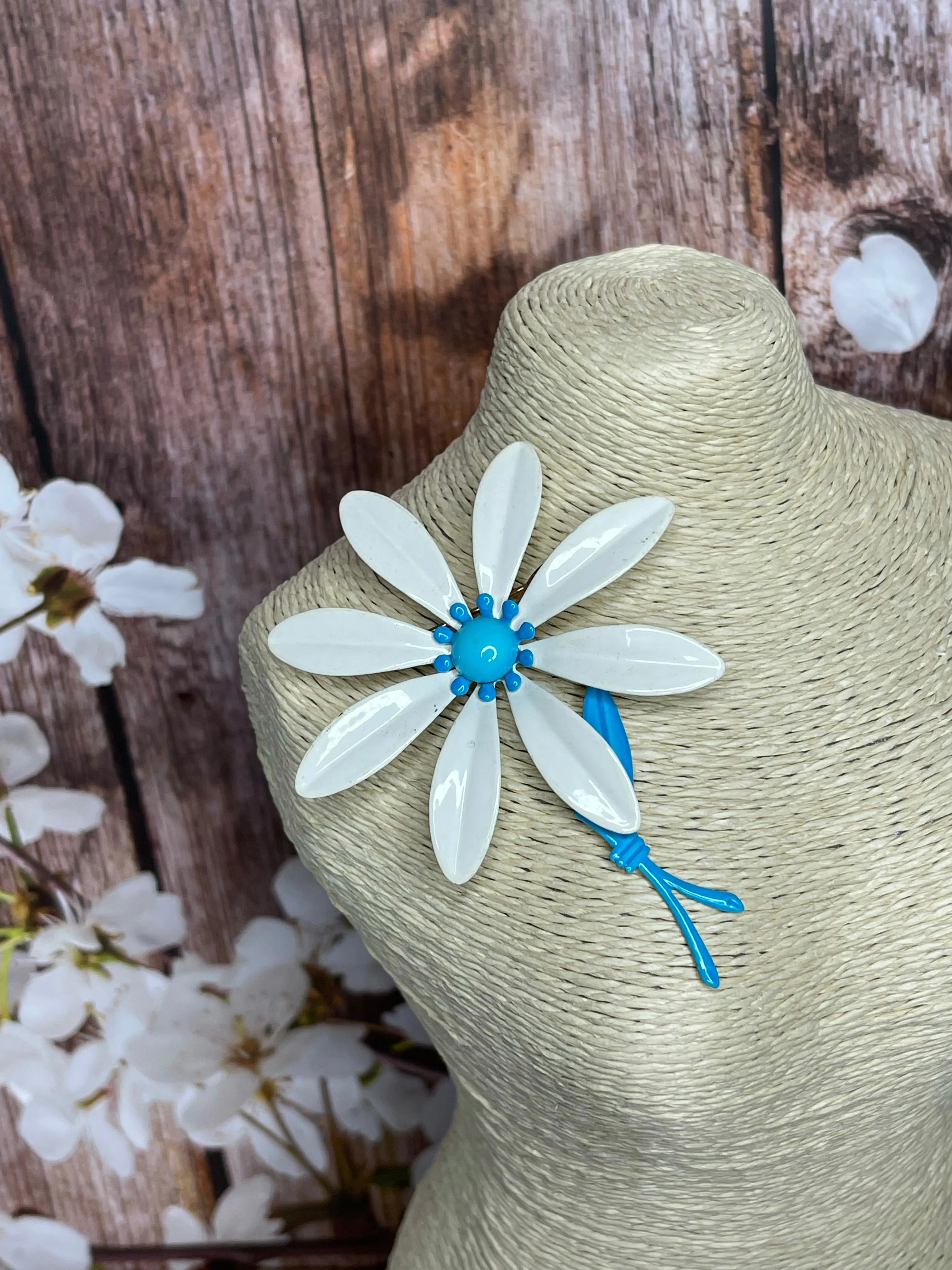 White Blue Enamel Flower Pin Vintage Floral Jewelry