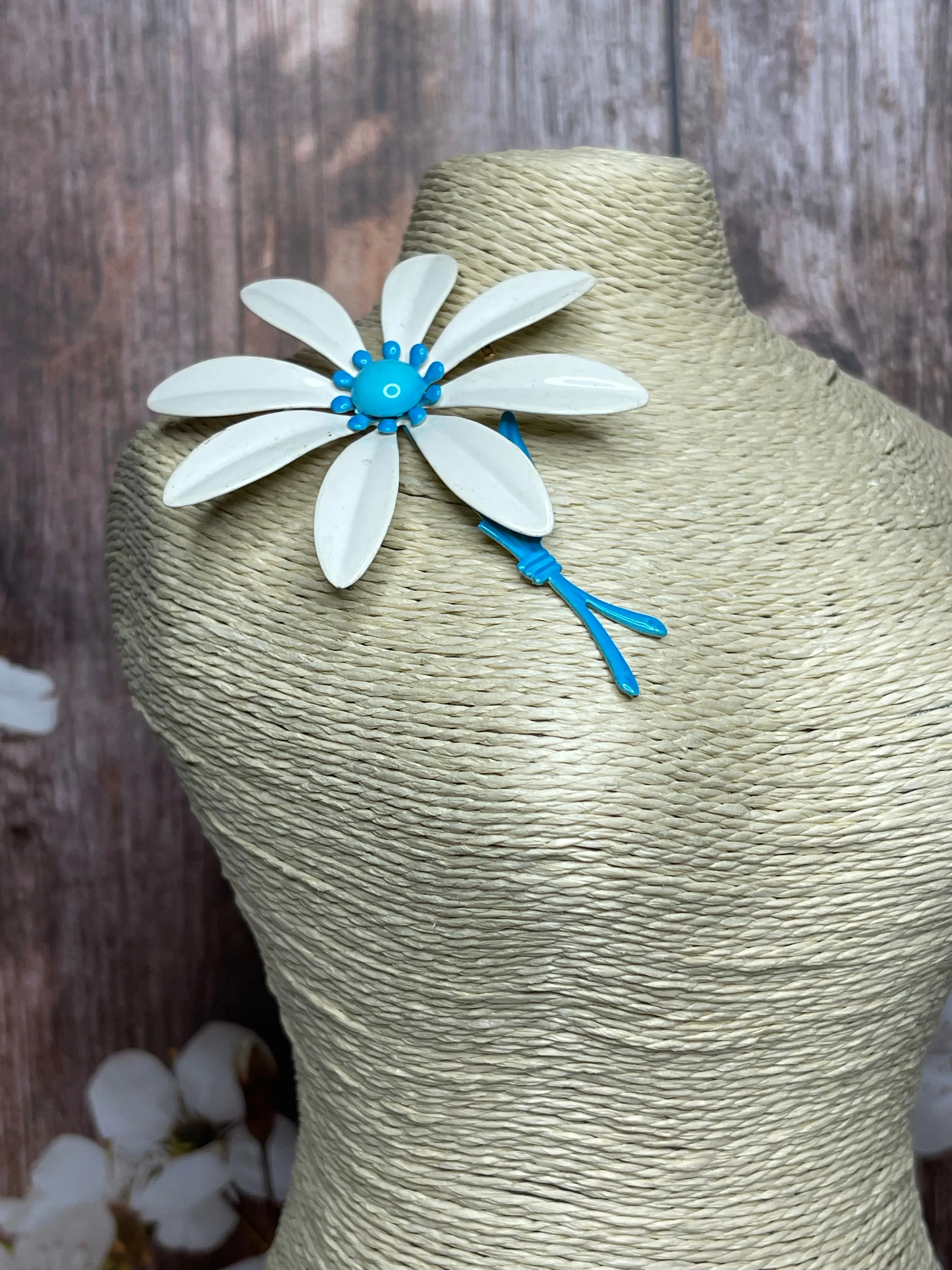 White Blue Enamel Flower Pin Vintage Floral Jewelry