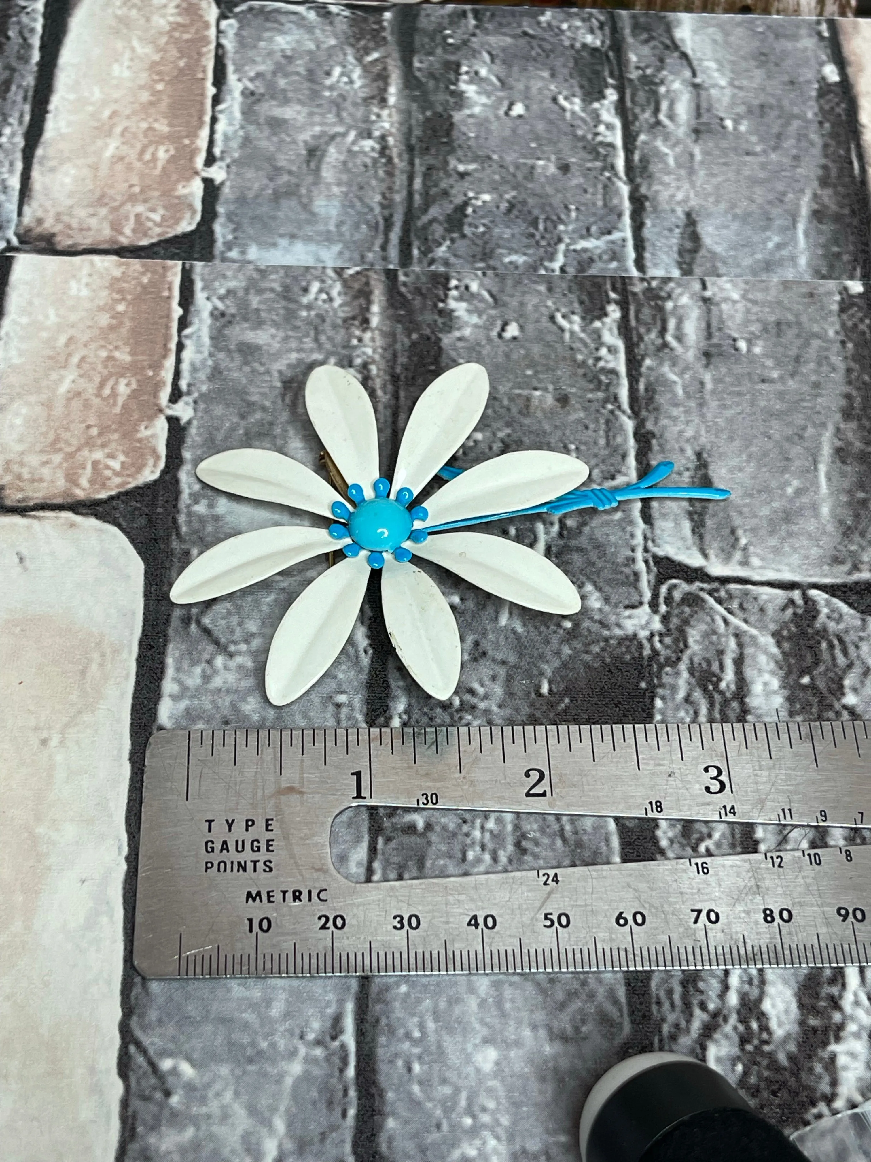 White Blue Enamel Flower Pin Vintage Floral Jewelry